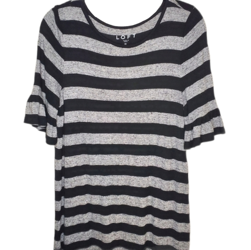 Loft stripe short sleeve ruffle top black medium